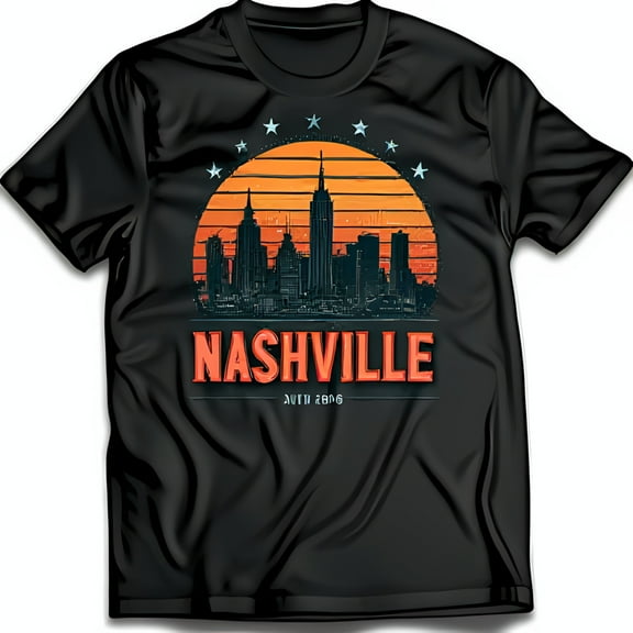 Vintage Nashville Cityscape Graphic Black T-Shirt with Sunset & Stars