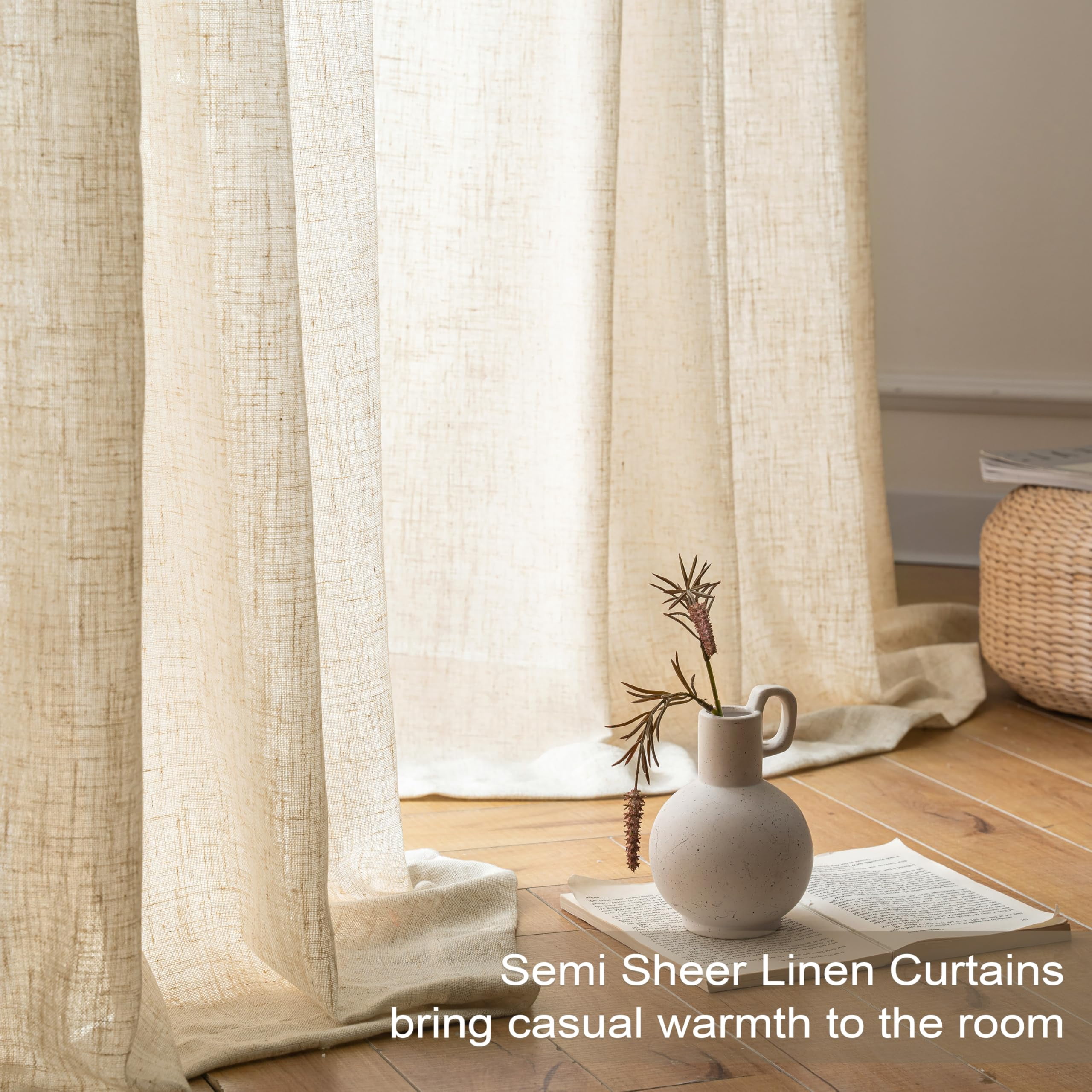 DriftAway Natural Linen Curtains 84 Inches Long 3 Pound Thick Semi Sheer 2 Panels Farmhouse Real Flax 3 Inch Rod Pocket Back Tab Boho Rustic Light Filtering Window Drapes for Bedroom Privacy Assured