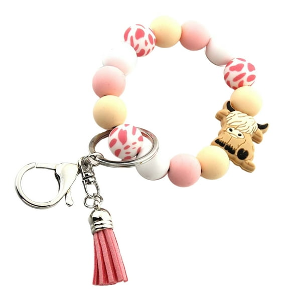 Colorful Bling Highland Cow Keychain Modern Highland Cow Keychain Silicone Beaded Wristlet Keyrings Pendant for Women