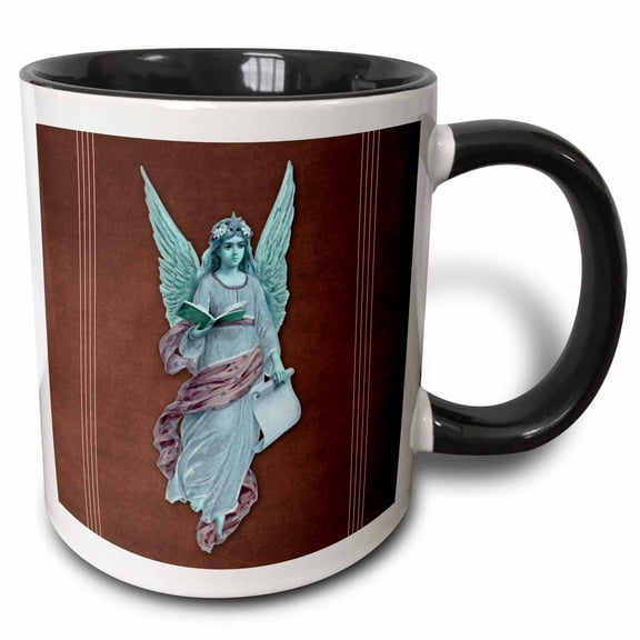 3drose, Angel in Blue Robe with Purple Sash and Blue Wings on a Plum Background and Pink Line Accents, 11oz Two-tone Black Mug