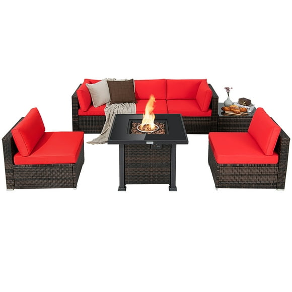 Patiojoy Patio Rattan 7PCS Cushioned Chair Set Furniture Set Thick Cushion w/ 50,000 BTU Propane Fire Pit Table for Garden Red
