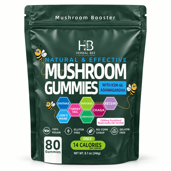 Herbal Bee Mushroom Gummies with Lion's Mane and Ashwagandha, Mixed Berry, 80 Count