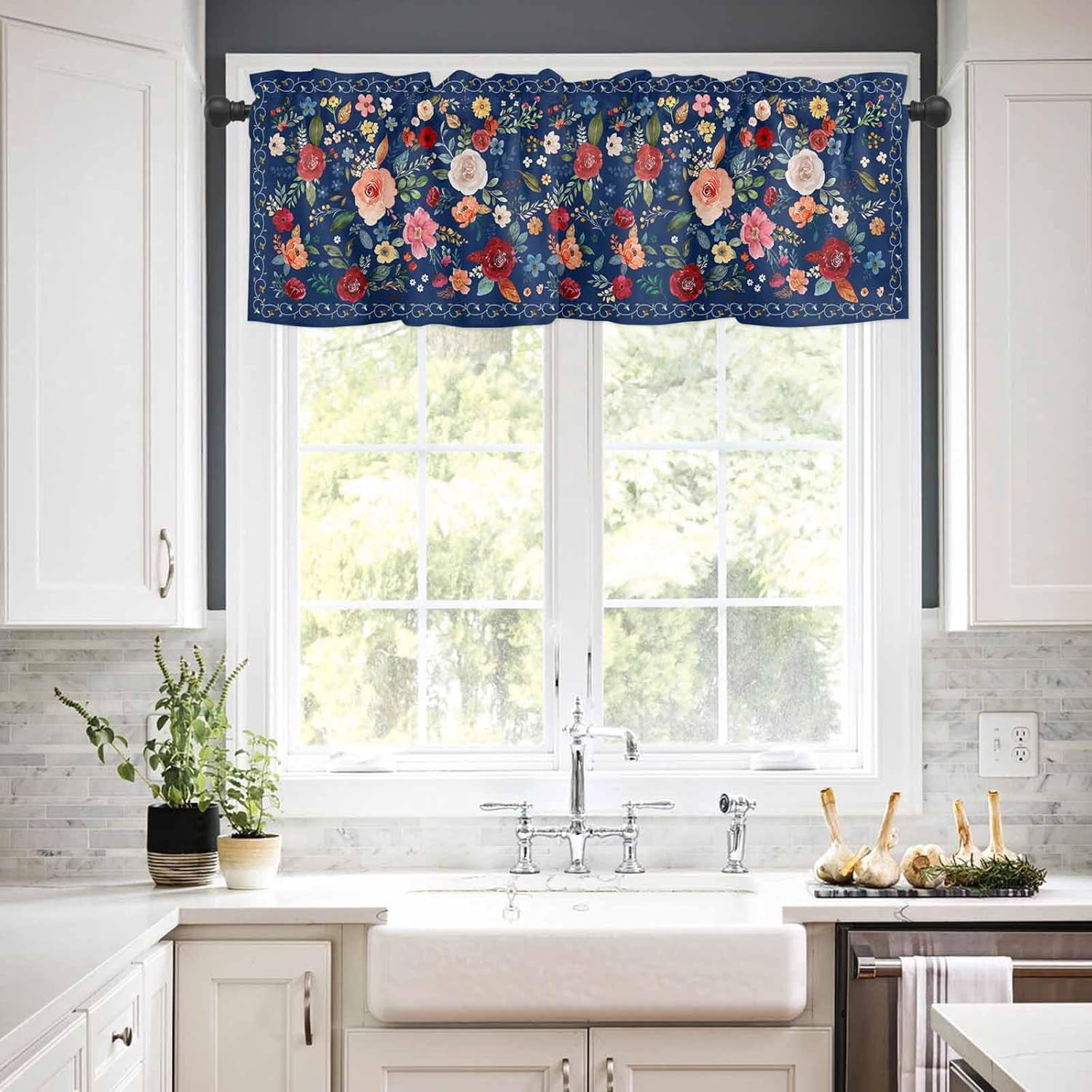 Flowers Blue Kitchen Curtains and Valances Set, Rod Pocket Curtains Tier Farmhouse Window Curtains 36 Inch Length, Summer Floral Leaves Farmhouse Retro 3 Piece Kitchen Curtains Set