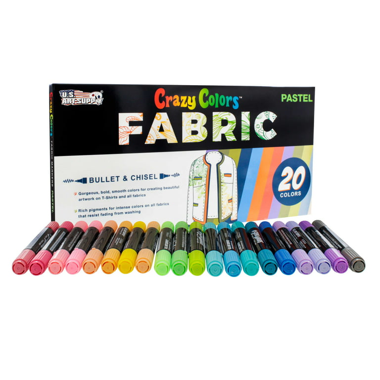 Crazy Colors Dual Tip Fabric & T-Shirt Marker 20 Color Pastel Set - Bullet  & Chisel Tips - Child Safe 