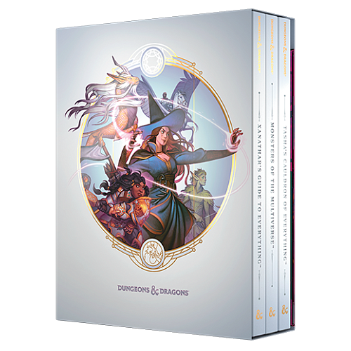 Dungeons & Dragons: Jeu de Rôle - Coffret-Cadeau d'Extension de Règles avec Trois Livres à Couverture Rigide Présentant des Couvertures en Feuille Alternées Exclusives : Xanathar's Guide to Everything, Tasha's Cauldron of Everything et Monsters of the Multiverse. Comprend un Écran du Maître de Dungeon avec des illustrations Alternatives Vibrantes, Parfait pour Étendre le Jeu. Abrité dans une Mallette Multicolore avec des illustrations à Thème Fantastique, Idéal pour les fans de Jeux de Société Classiques et d'Aventures