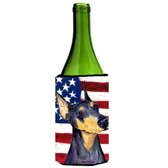 Usa American Flag With Doberman Wine Bottle Hugger - 24 oz.