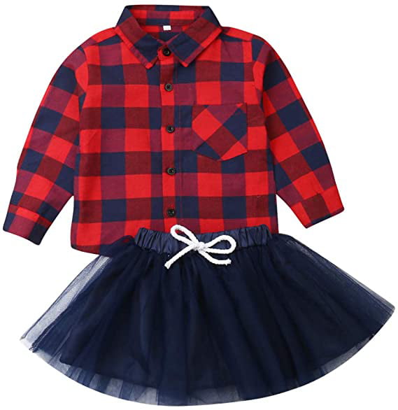 Freebily Kids Girls Long Sleeves Princess Shirt with Plaid Lacework Hem Zippered Skirt Set