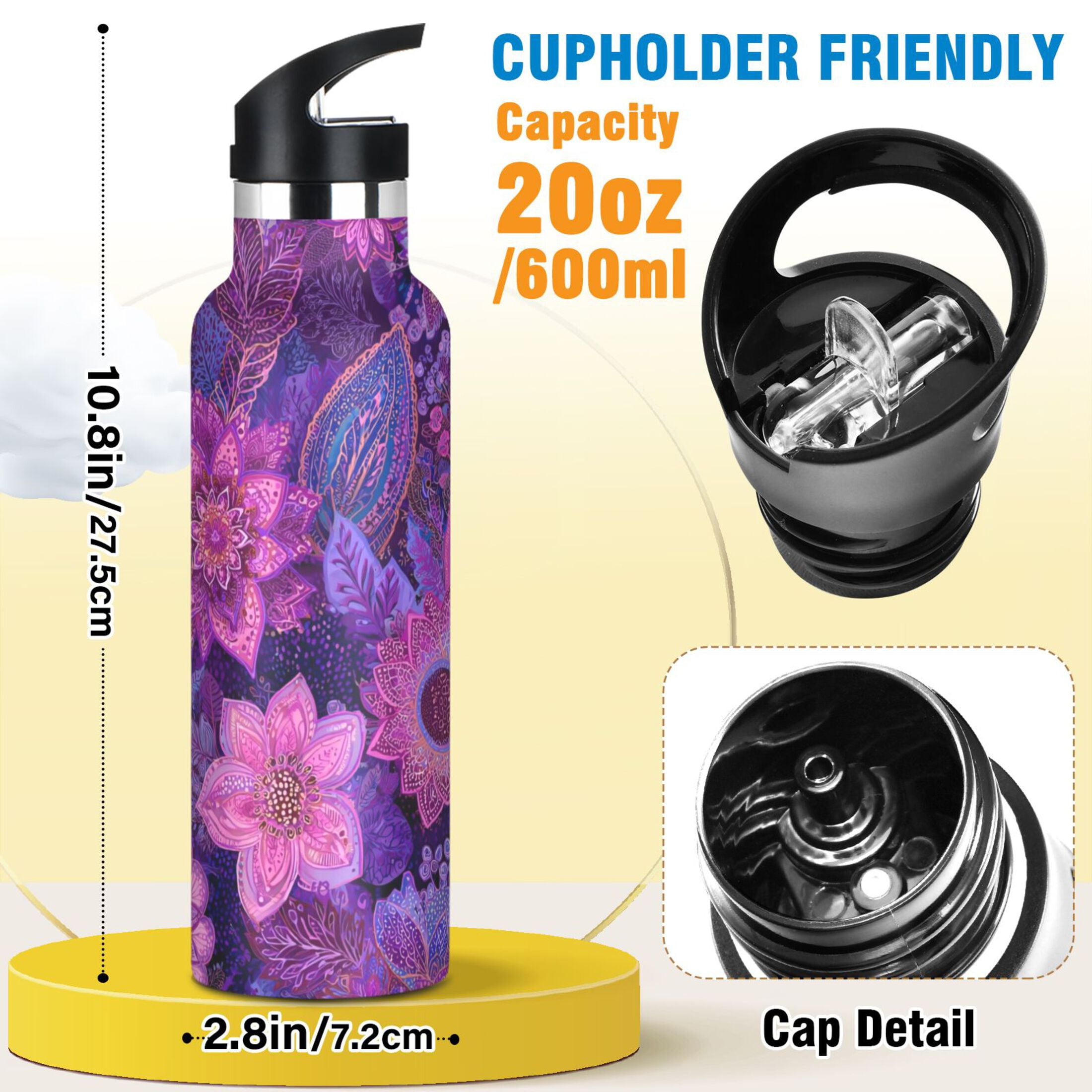 Kids Insulated Stainless Steel Sports Water Bottle 600ml (20oz) Lavender Bohemian Pattern