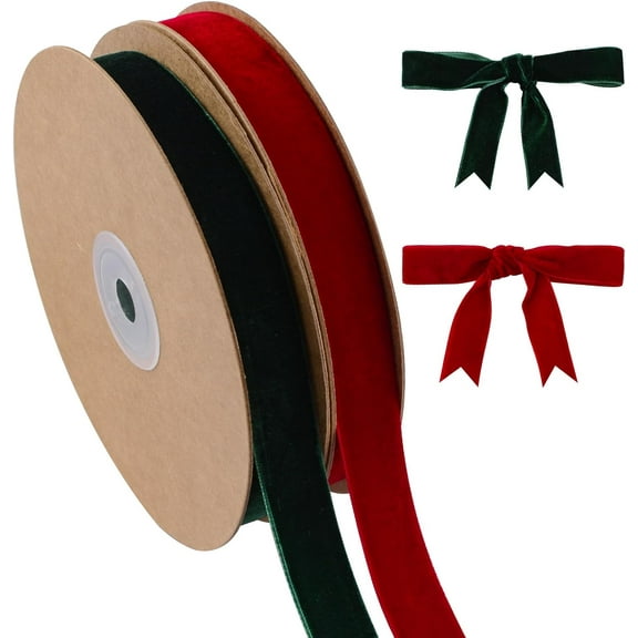 Red&Green Velvet Ribbon, 2 Rolls 10 Yards Single Faced Vintage Silk-Soft Ribbon for Christmas Decoration Present Wrapping Wedding Flower Bouquet