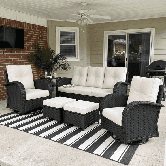 LayinSun 6 Pieces Outdoor Patio Furniture Set, Rattan Wicker Sectional Swivel Rocker Chairs Sets