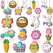Spring Easter Wooden Ornaments,24pcs Easter Bunny Eggs hanging Ornaments,Happy Easter Wooden Hanging Decorative,Egg Bunny Carrot Basket Holiday Ornaments for Easter Party