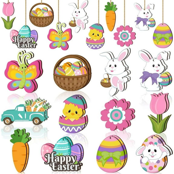 Spring Easter Wooden Ornaments,24pcs Easter Bunny Eggs hanging Ornaments,Happy Easter Wooden Hanging Decorative,Egg Bunny Carrot Basket Holiday Ornaments for Easter Party