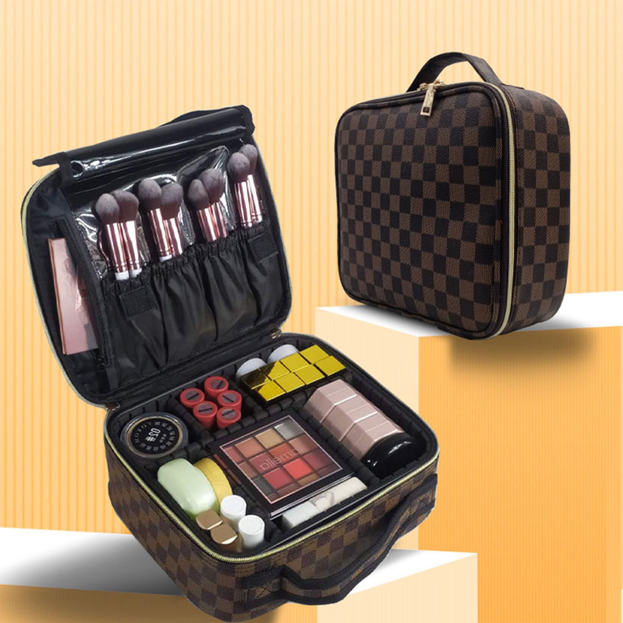 Fulier Travel Makeup Bag for Women Portable Checkered Cosmetic Bag Leather Toiletry Bag Make Up