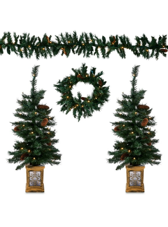 Holiday Time 5-Piece Pre-Lit Artificial Christmas Tree Entryway Set, with Clear Incandescent Lights