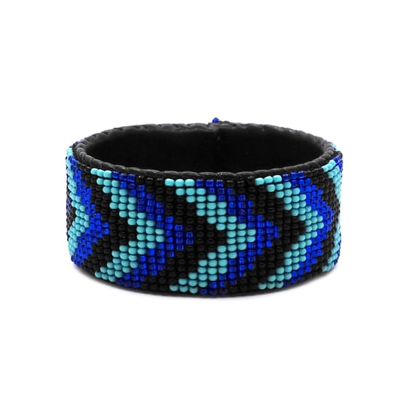 Multicolored Geometric Pattern Guatemalan Czech Glass Seed Beaded Wide Leather Cuff Bracelet - Womens Fashion Handmade Jewelry Boho Accessories