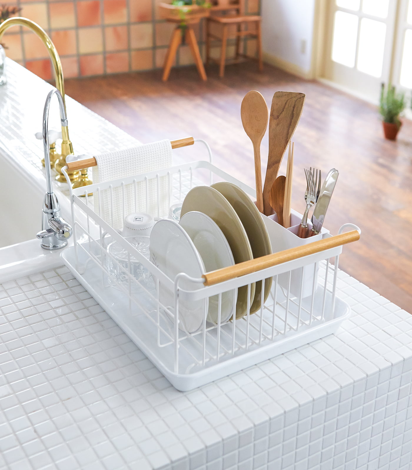 Yamazaki Home Dish Rack, Gray, Steel + Wood, Supports 22 pounds, Drainer  Tray, Handles, Utensil Holder, Water Resistant, No Assembly 