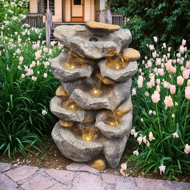 Premium Resin Rock Mountain Waterfall Fountain, Relaxing Water Feature Ornament, Multiscene Decor for Desktop Home Office Indoor Outdoor Garden