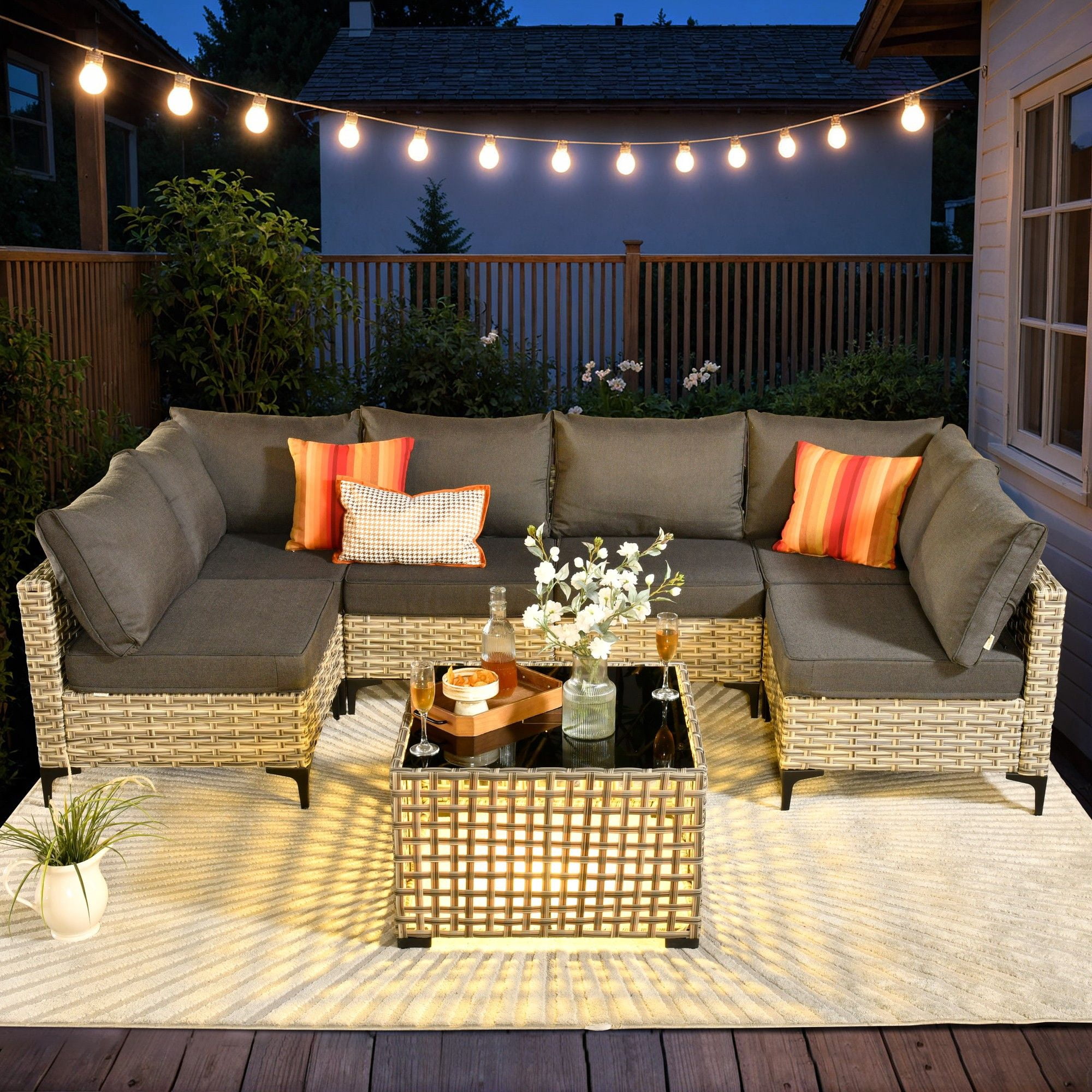Ovios 7 Pieces Outdoor Patio Furniture Wicker Conversation Sectional with Solar Lamps Coffee Table for Backyard