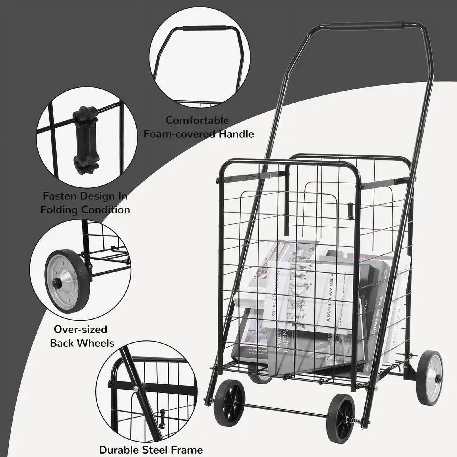 FlexWave Foldable Utility Cart，Lightweight Rolling Trolley， with Wheels, for Grocery, Laundry, and Luggage，Easy to Assemble and Store, Black