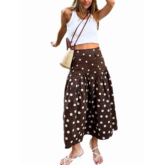 Women's Polka Dot High Waist Light-Weight Gathered Hem Casual Flowy A Line Midi Skirt Brown S