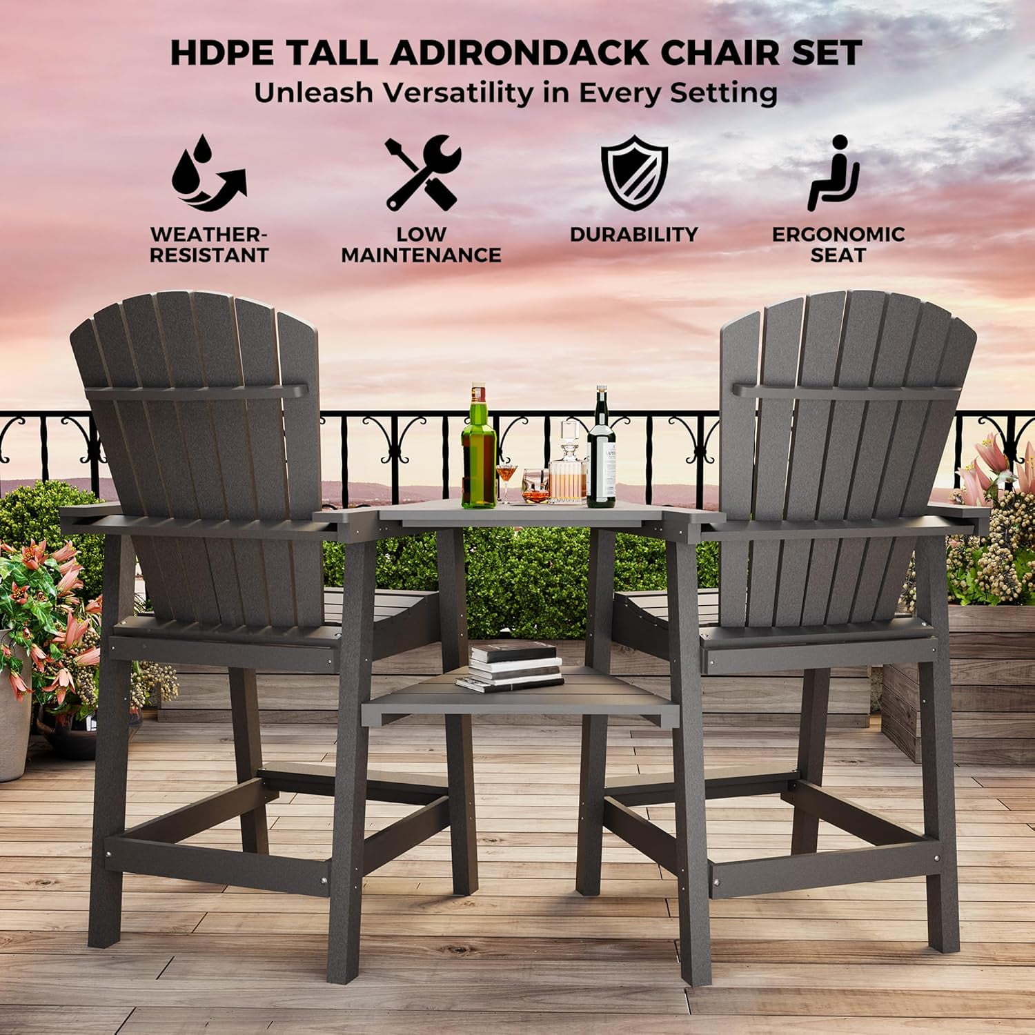 Outdoor Bar Height Adirondack Chairs with Connecting Tray,Balcony Chairs Recycled Poly Adirondack for Deck,Backyard,Outdoor Tall Adirondack Chairs Weather Resistant
