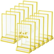 Hengguang 12Pcs Gold Frame Acrylic Sign Holder, Double Sided Clear Frame, Flyer Holder Display Stand, Desktop Picture Frame, Table Numbers Menu Holders for Wedding Reception, Party, Anniversary(4*6Inch)