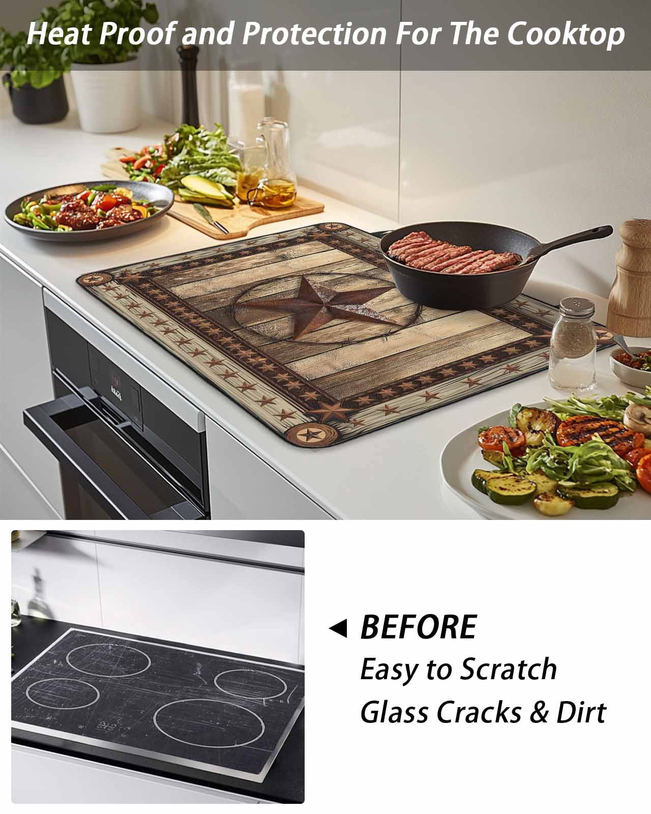 Stove Top Covers for Electric Stove, Western Farmhouse Glass Stovetop Cover Protector, Primitive Rustic Country Retro Texas Star Induction Cooktop Protector Oven Mat for Kitchen Countertop 24"x21"
