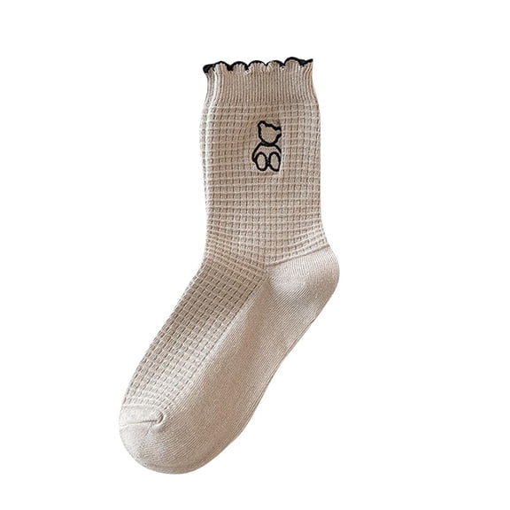 Lovskoo Womens Crew Socks Casual Cotton Cute Socks Solid Color Girl Thin Dress Floral Ankle Socks Beige