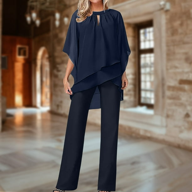 Chaqueta Conjunto de 2 piezas para mujer, parte superior suave de media manga y pantalones, trajes de noche de boda de corte holgado Kuymtek Azul Marino S para Mujer