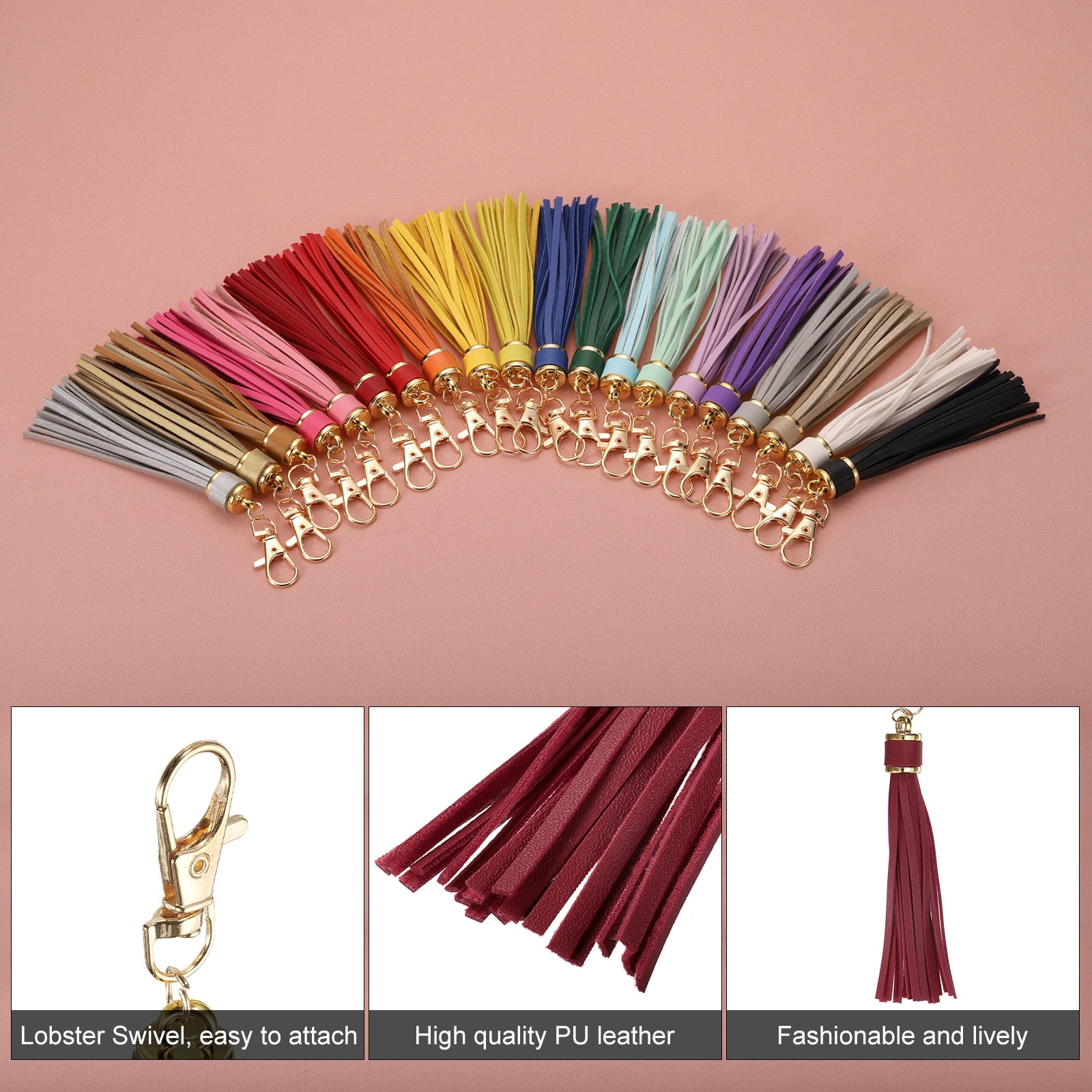 Unique Bargains PU Leather Tassels Keychain Charm with Lobster Swivel for Crafting Red