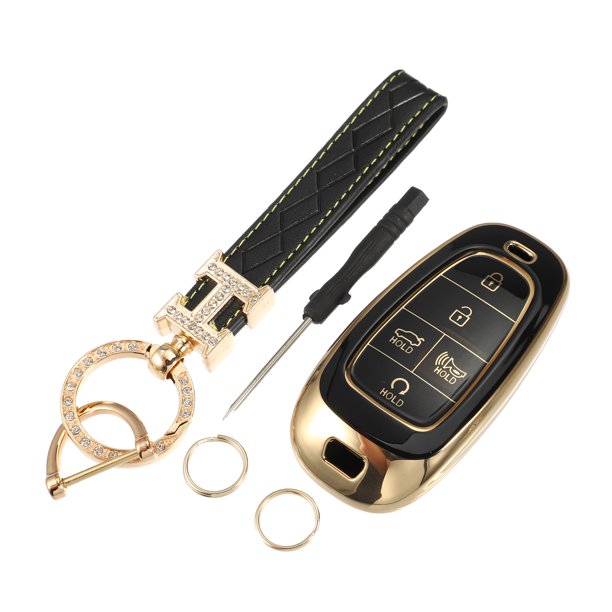 Kit de funda para llave compatible con Sonata Tucson 2020-2022, 5 botones, borde dorado, moderno, suave, TPU, negro, remoto, sin llave, llave inteligente, funda protectora con llavero