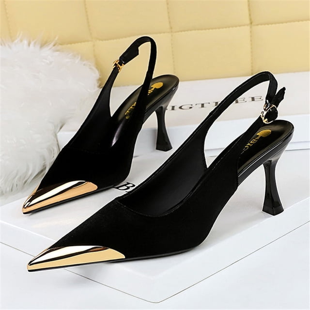 Women 7cm High Heels Green Burgundy Slingback Strap Pumps Lady Metal Toe Velvet Low Heels Fetish Nightclub Evening Party Shoes Walmart