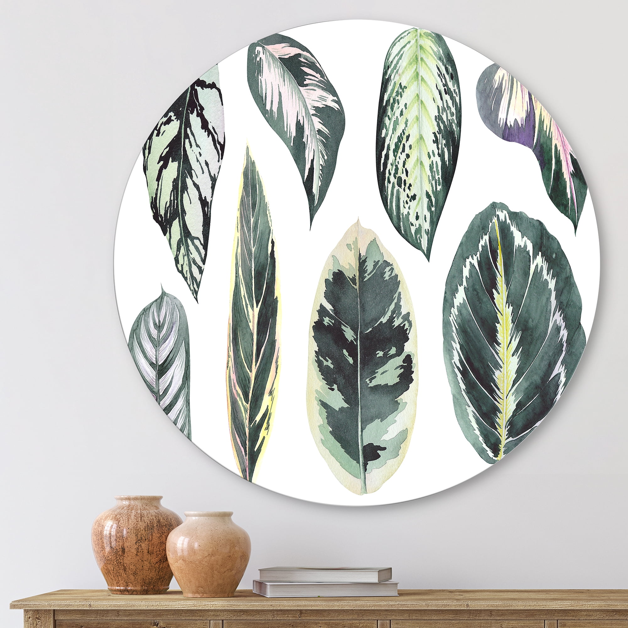 Designart 'Tropical Calathea Leaves On White' Bohemian & Eclectic Circle Metal Wall Art 23x23 - Disc of 23