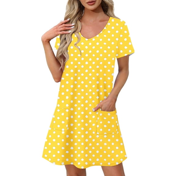 STETMN Women's Casual Summer Dress-Short Sleeve Cotton Sundress, Dot Print A-Line Dress