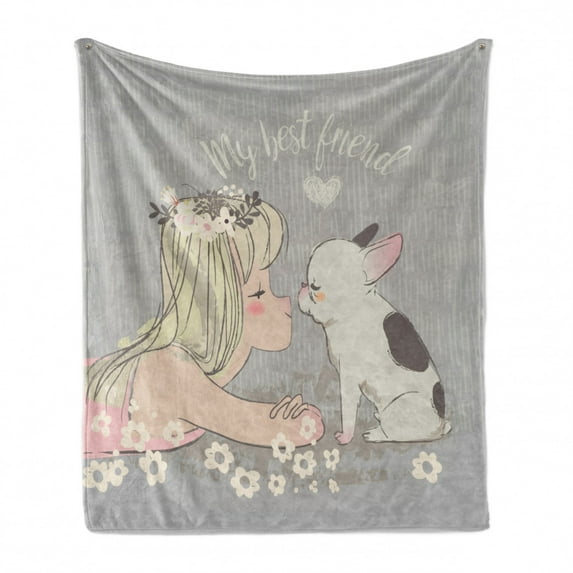 Dog Lover Soft Flannel Fleece Throw Blanket, Girl and Little Puppy Doodle with My Best Friend Calligraphy, Cozy Plush for Indoor and Outdoor Use, 70" x 90", Multicolor, by Ambesonne