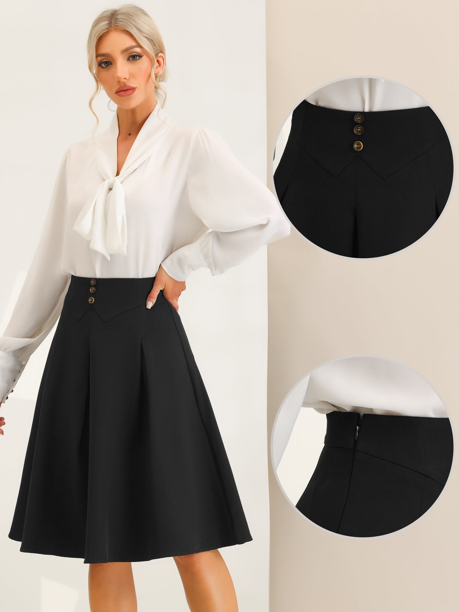 DARING DIVA Women's Casual Office A-Line Button Decor Casual Midi Skirts L Black