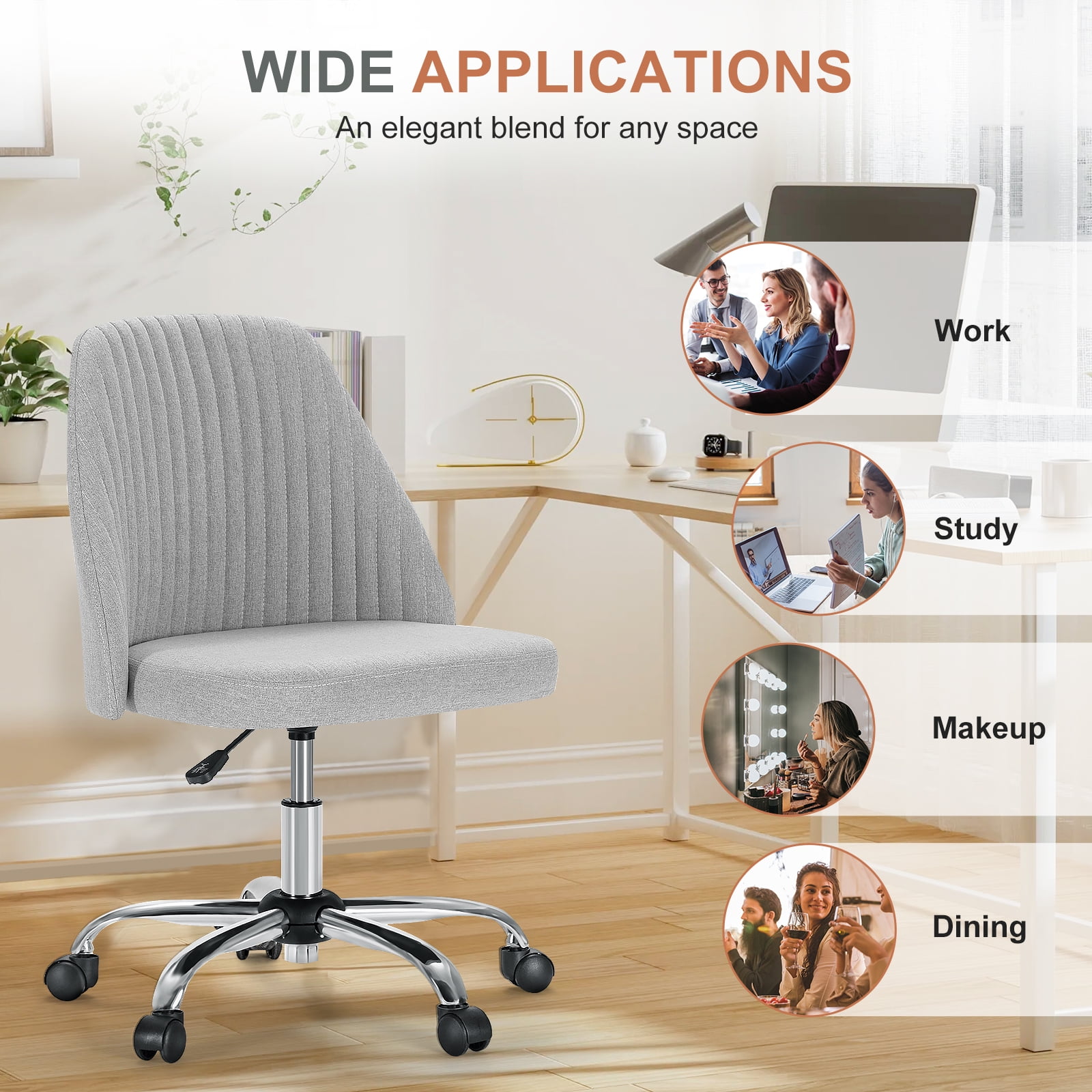 Armless Adjustable Swivel Desk Chair with Wheels