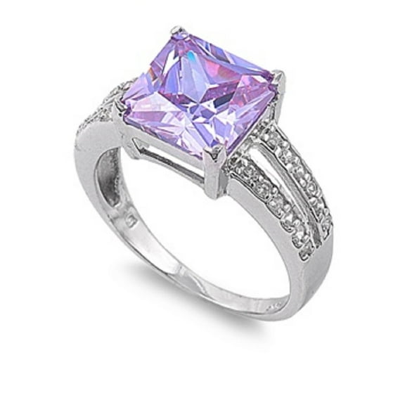 Princess Cut Center Lavender Cubic Zirconia Ring Sterling Silver 925 Size 6