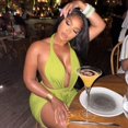 thumbnail image 4 of Women's Halter Deep V-Neck Chest Wrapped Sleeveless Backless Pleated Split Ribbons Bandage Dress, Solid Color, Sexy, 4 of 20