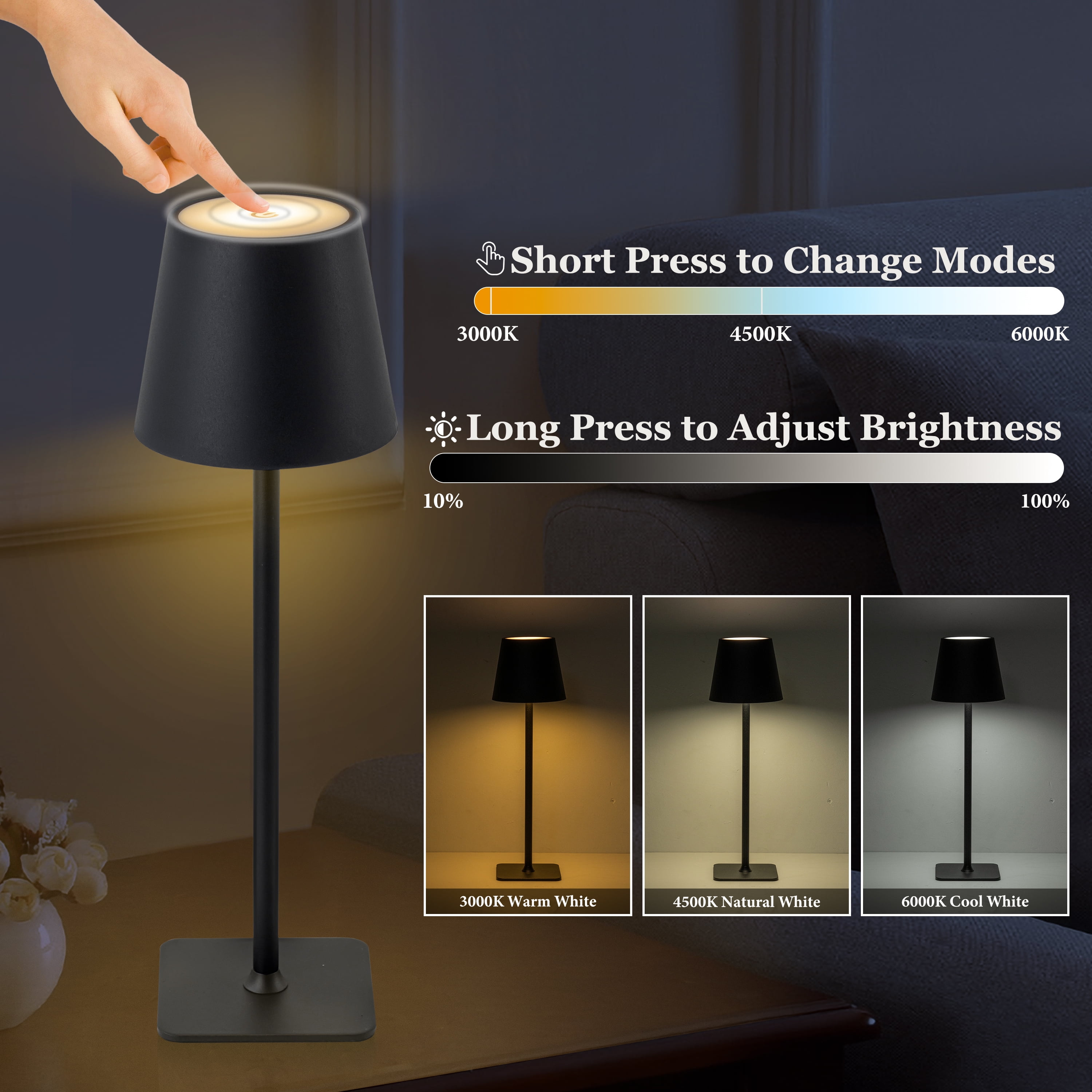 C Cattleya 4-Pack 14” Matte Black LED Cordless Table Lamp, 3CCT Dimmable Portable Desk Lamps