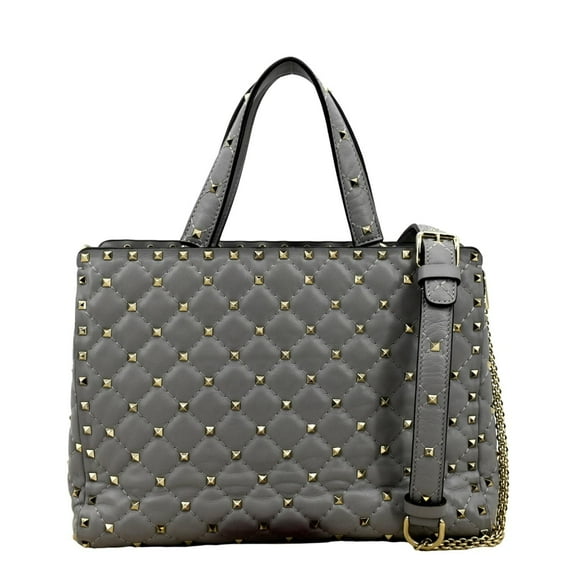 Pre-Owned VALENTINO Rockstud Spike Quilted Leather Tote Crossbody Bag Grey