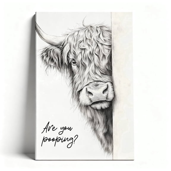 Highland Cow "Are You Pooping?" Canvas Wall Art, Funny Peeking Cow Bathroom Decor, Humorous Farmhouse Artwork For Toilet, Living Room, Office, Ready To Hang 8*12inch(20*30cm)