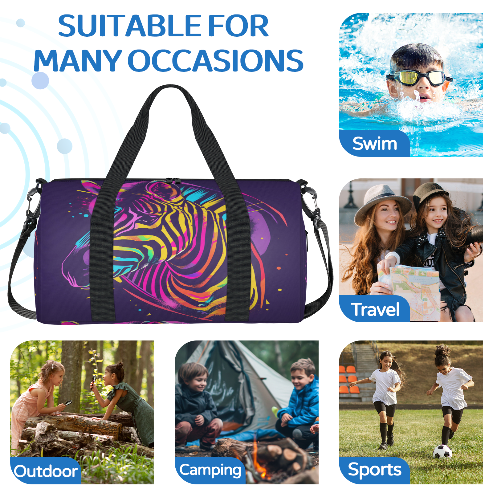 Herdesigns Zebra Travel Duffle Bag Sports Yoga Weekender Overnight Carry on Workout Bags Lightweight Waterproof Gym Tote Bag for Women
