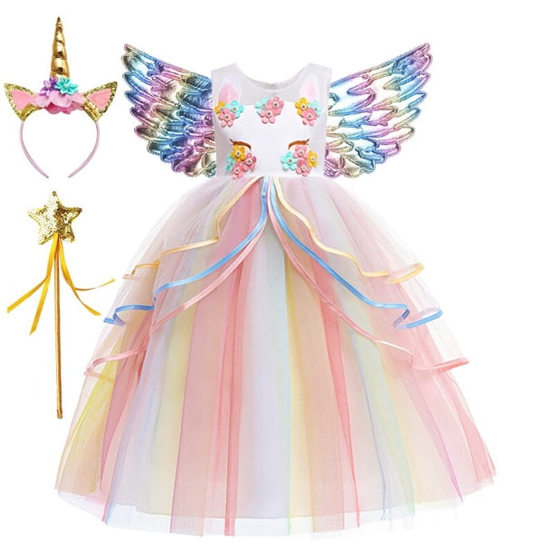 Fantasia-vestido de unicornio arcoíris para niñas, estilo de hoja de loto, flor, tul largo, Princesa, fiesta de cumpleaños Fivean unisex