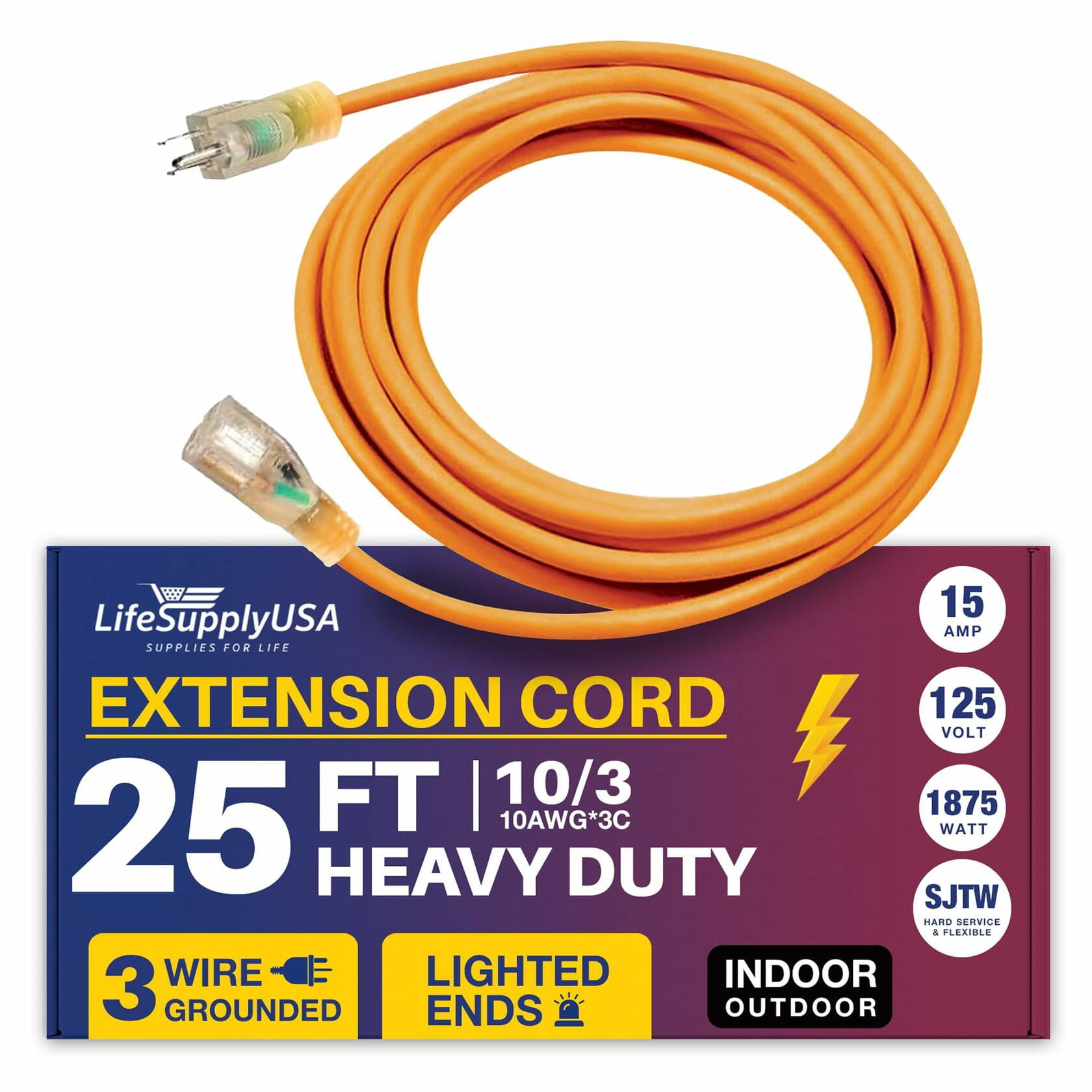 25ft Outdoor/Indoor Extension Cord 10/3 Gauge Ultra Heavy Duty 3 Prong SJTW, Waterproof, Flexible Cold-Resistant Long Power Cord,125 Amp 1875W, Black by LifeSupplyUSA