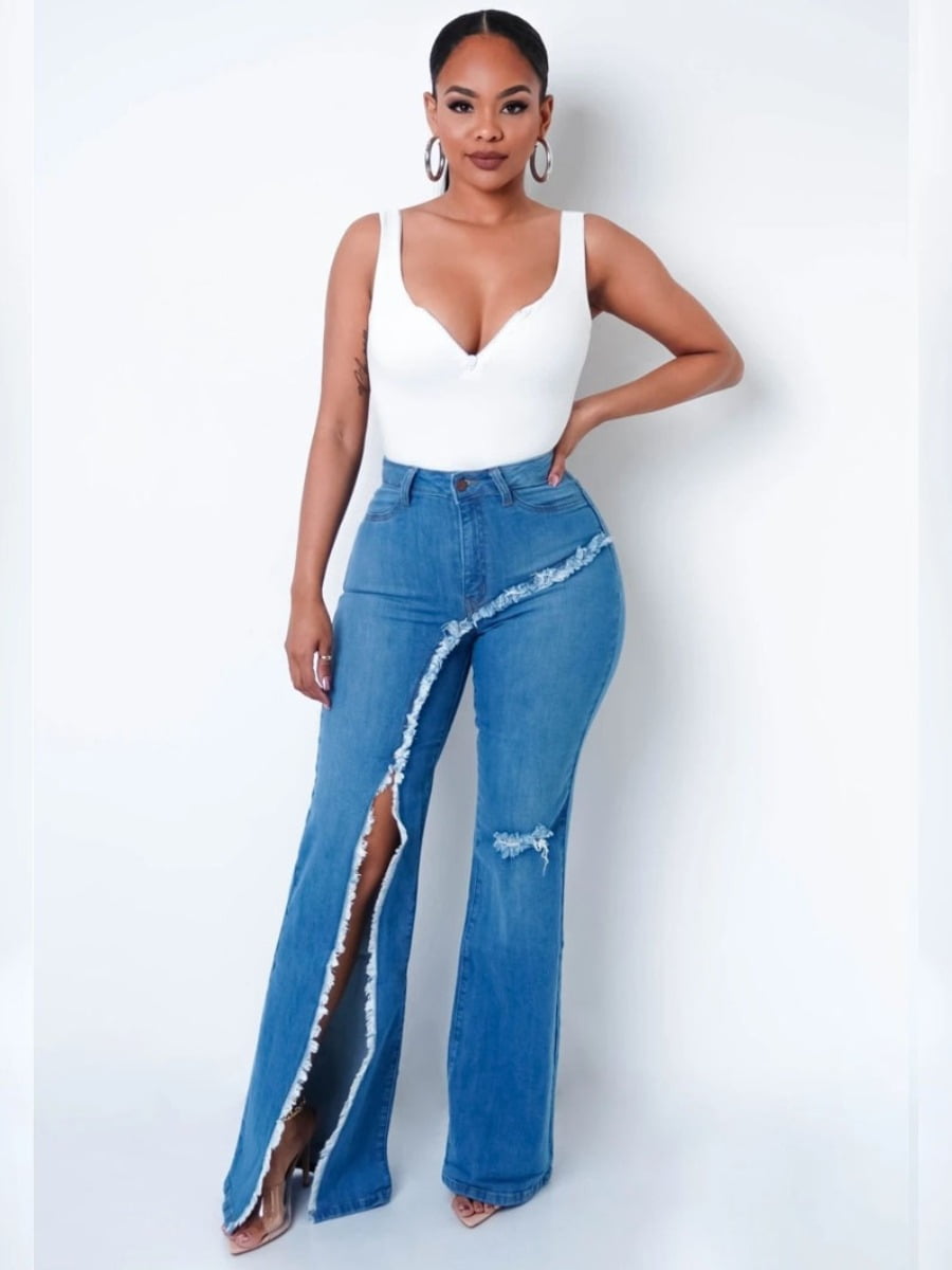 Lovelywholesale High Stretchy High Split Solid Raw Edge Jeans