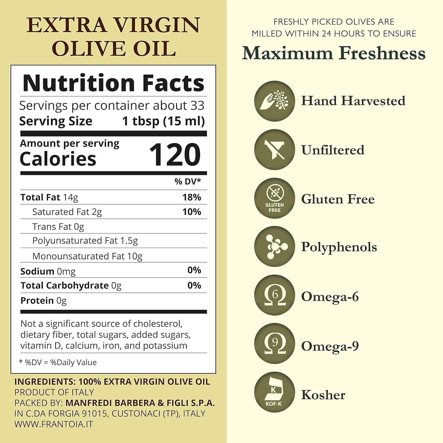 Frantoia Barbera, Italian Extra Virgin Olive Oil, 3 Liter- Pack of 1
