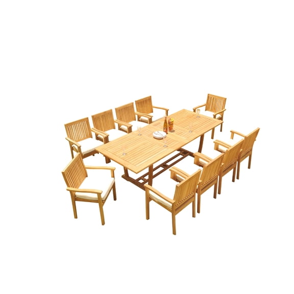 Grade-A Teak Dining Set: 10 Seater 11 Pc: 94" Mas Rectangle Trestle Leg Table And 10 Leveb Stacking Arm Chairs Outdoor Patio WholesaleTeak #51LV2111