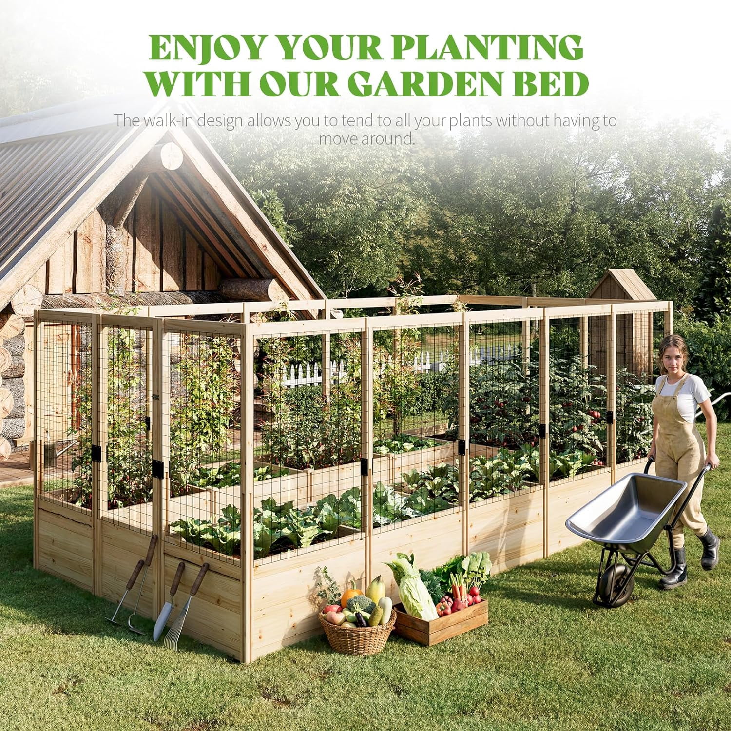 Jocisland Wooden Raised Garden Bed for Outdoor, Deep Large Planter Box with Netting for Gardening, Vegetables, Herbs（8× 15× 6FT）