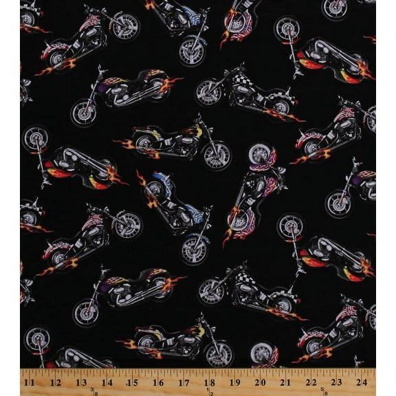 Cotton In Motion Motorcycles Choppers Classic Flames Race Racing Black Cotton Fabric Print by the Yard (281-black)